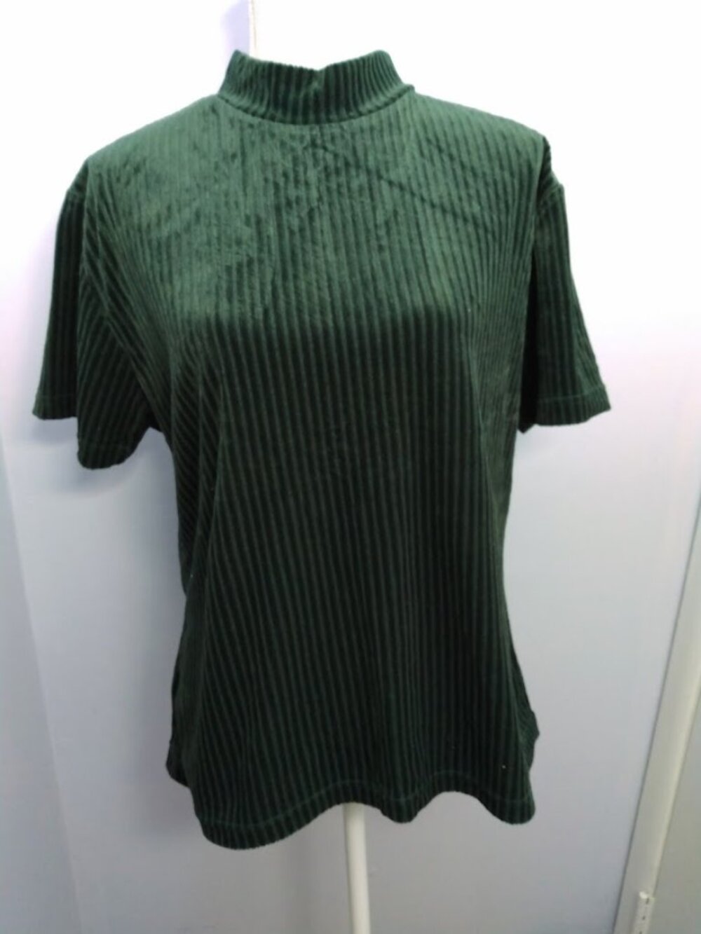 Women's Size 20W* Vintage Ribbed Velour Top Short Sleeve Mockneck Forest Green